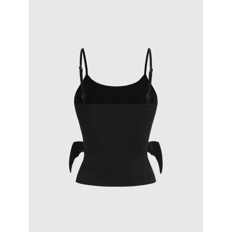 New punk aesthetic cropped camisole top y2k subculture devil black red color block bow wing button waist cinched street hot girl
