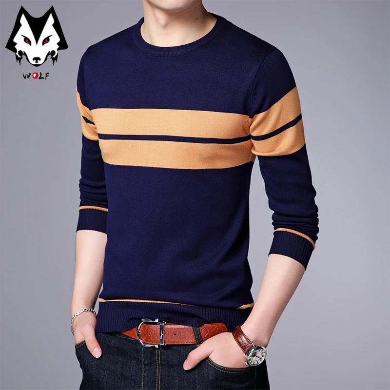 Men\'s Casual Striped Knit Spring and Autumn Long Sleeved Pullover Fashion Top