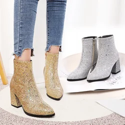 2024 New Ladies Ankle Boots Sequined Fashion Zipper Thick High Heels Pointed Toe Winter Boots Gold Silver Green Women Chelsea