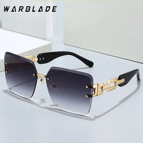 2025 nuevas gafas de sol de gran tamaño sin montura con cadena para hombre, gafas de sol Vintage a la moda para mujer, gafas de diseñador de marca de lujo UV400