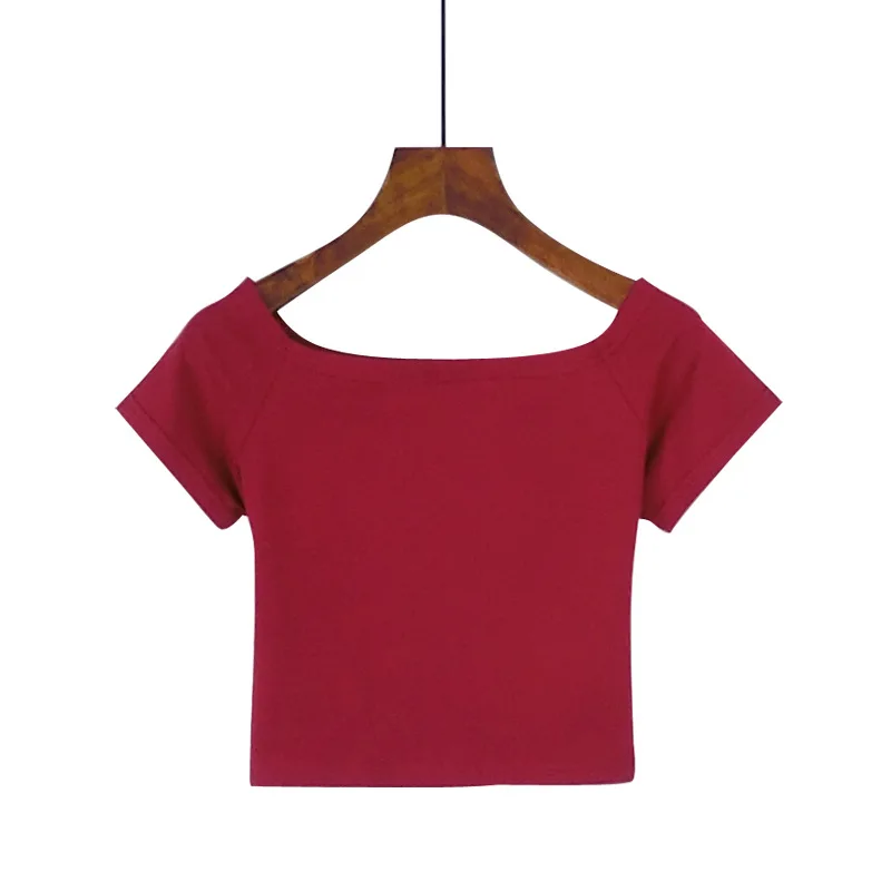 Cseta de Verão de Manga Curta com Cintura Alta para Mulheres Navelexpose Cor Pura Um Ombro Aodão 00% Estilo Básico de C...