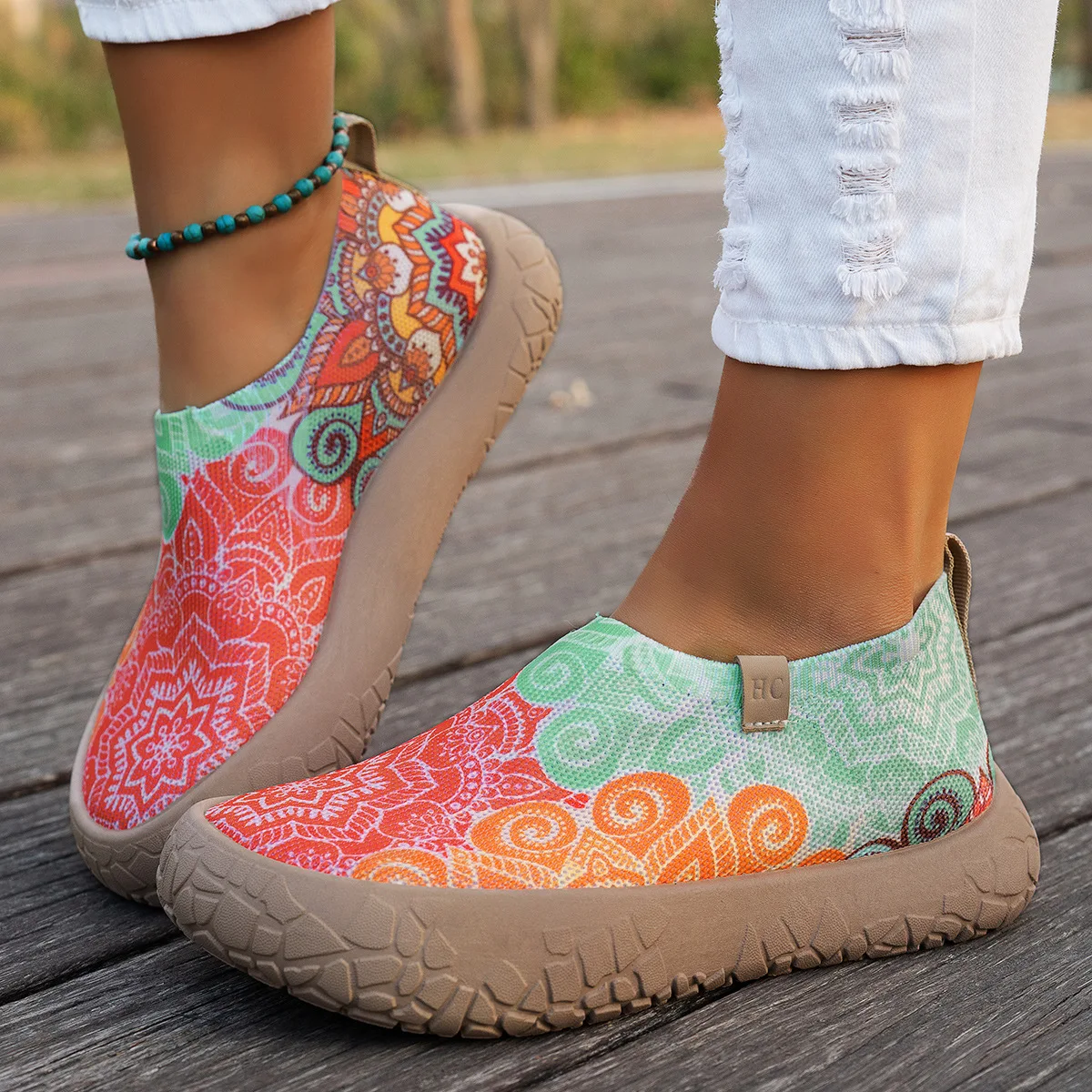 Boho-Slipper mit Blumenmuster für Damen, atmungsaktiv, rutschfest, flache Sohle, täglicher Komfort, Outdoor-Walking, Freizeitschuhe – Detail 5