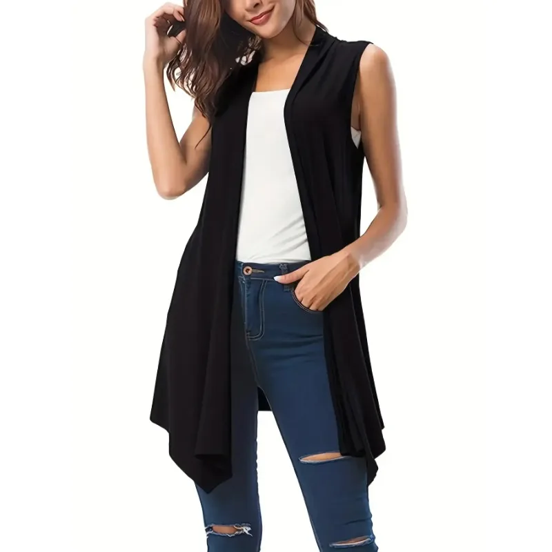 

Плюс размер 1XL-5XL, новый женский кардиган без рукавов с асимметричным подолом, универсальный однотонный повседневный кардиган, простой модный топ