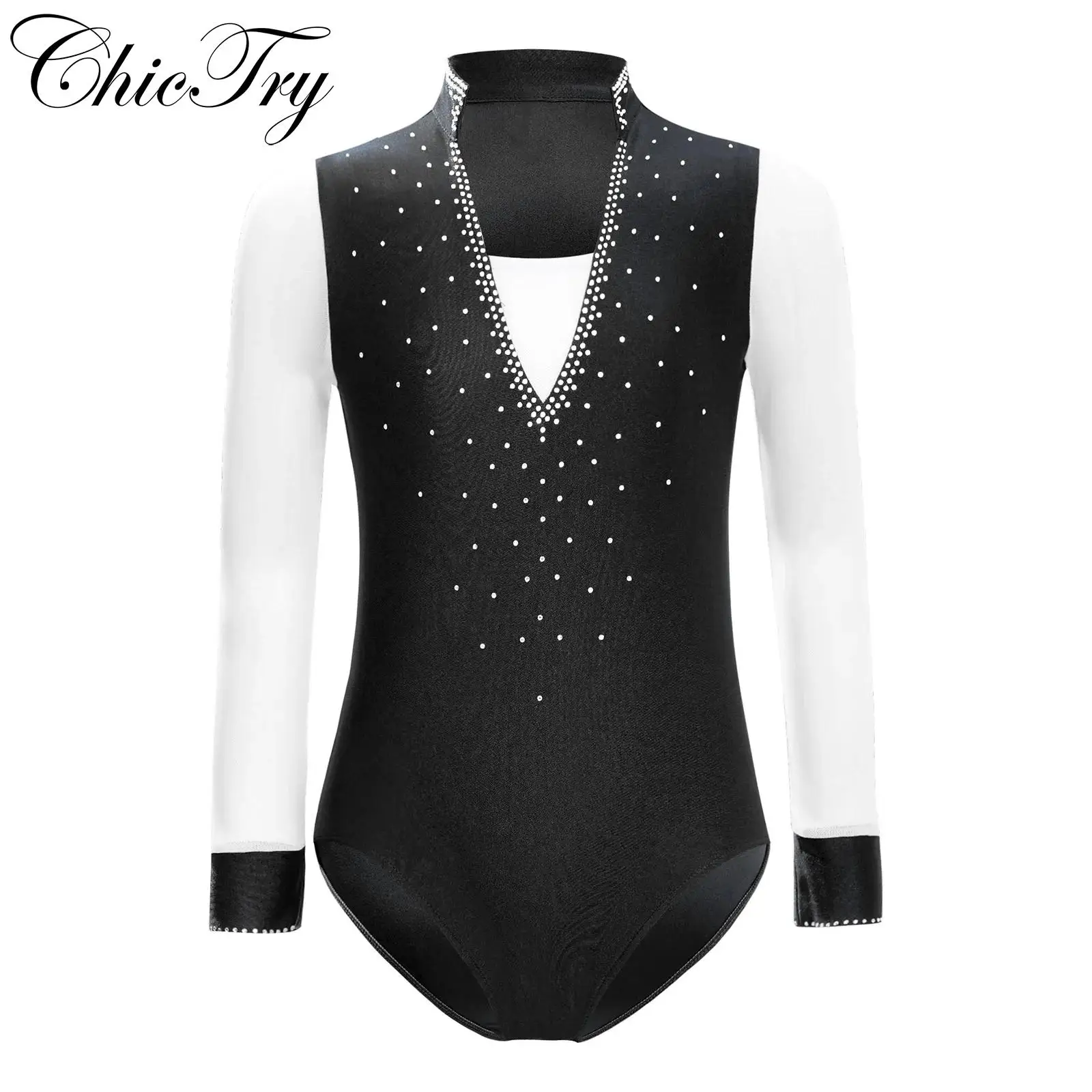 

Kids Boys Figure Skating Dance Leotard Gymnastics Costumes Sheer Mesh Long Sleeve Rhinestones Bodysuit for Dance Competition