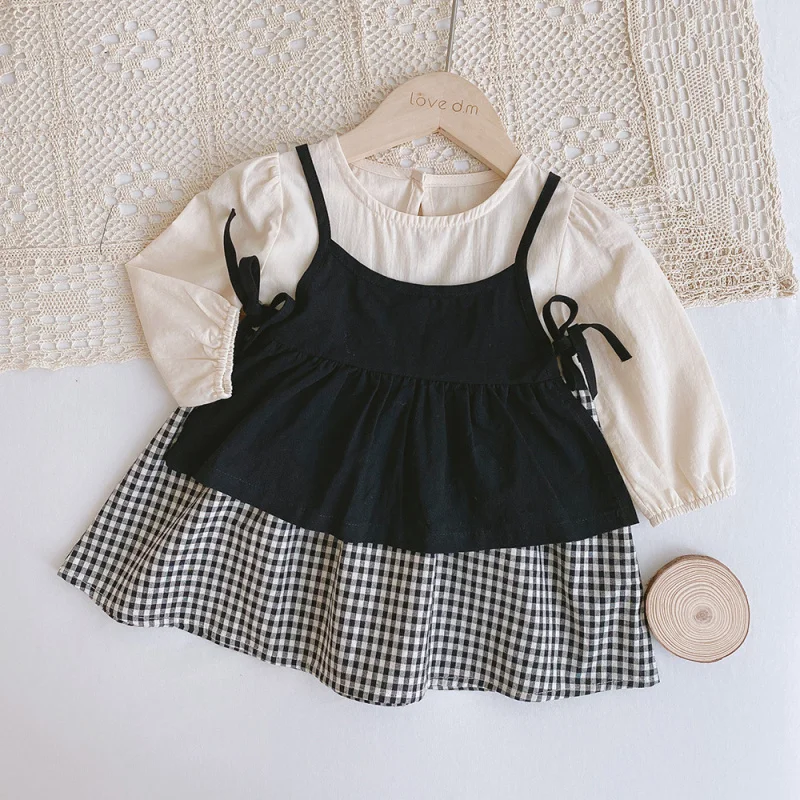 insSpring and Autumn Girls' Dress Baby Girl Long Sleeve Patchwork Plaid Dress with Cover-Up Two-Piece Set