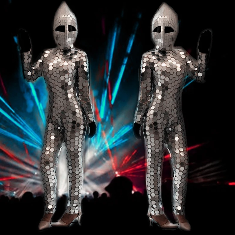 Mirror Men Costume Gold Silver Mirrors Jumpsuit Women Sequins Pole Dance Costumes Luxury Party Ouftfit