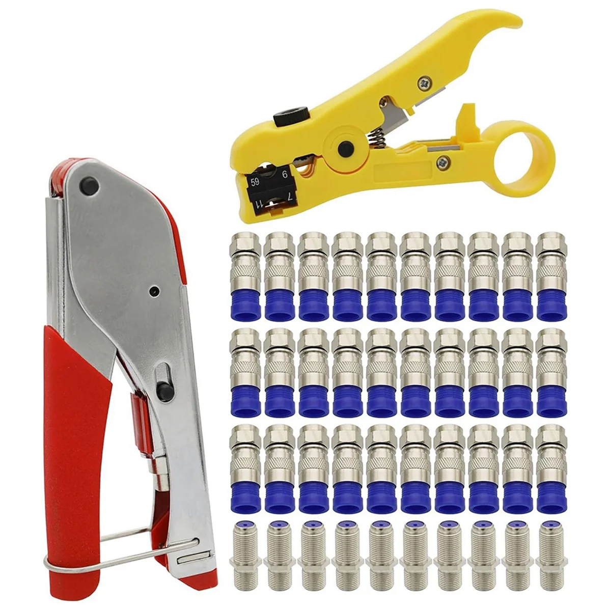 Coax Cable Crimper and F RG6 Connectors 30Pcs F Male and 10Pcs Female to Female with Coaxial Compression Tool Kit