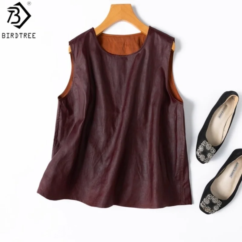 

Birdtree 100% тутовый шелк, красный, коричневый, ретро-бретелька, женский марлевый жилет без рукавов Craquelure Xiangyun с круглым вырезом, осенний жилет T59109JF