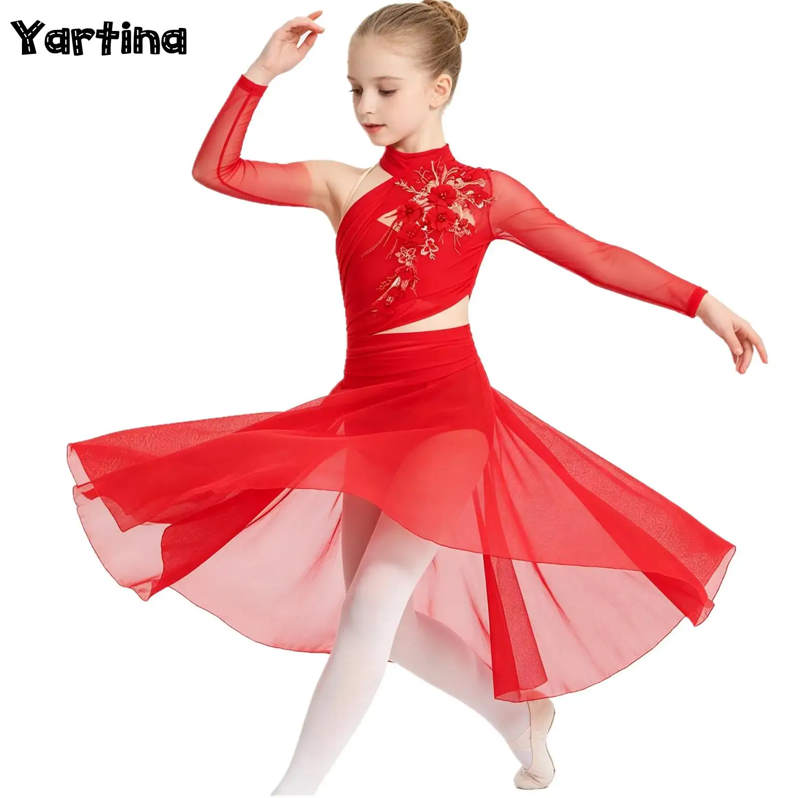 

Kids Girls Gymnastics Leotard Ballet Jersey Lyrical Dance Dresses Performance Costume Split Irregular Hem Ruched Mesh Dress