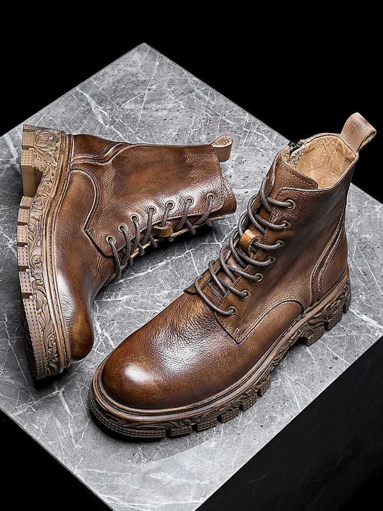 Trendy Men's British Vintage Carved Bottom Riding Boots Cool Man Genuine Leather Top Layer Cowhide Winter Work Shoes image 3