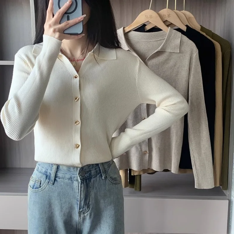

Модный женский кардиган на пуговицах с длинным рукавом, свитер с осенним воротником, вязаный топ, весенняя элегантная повседневная однотонная одежда