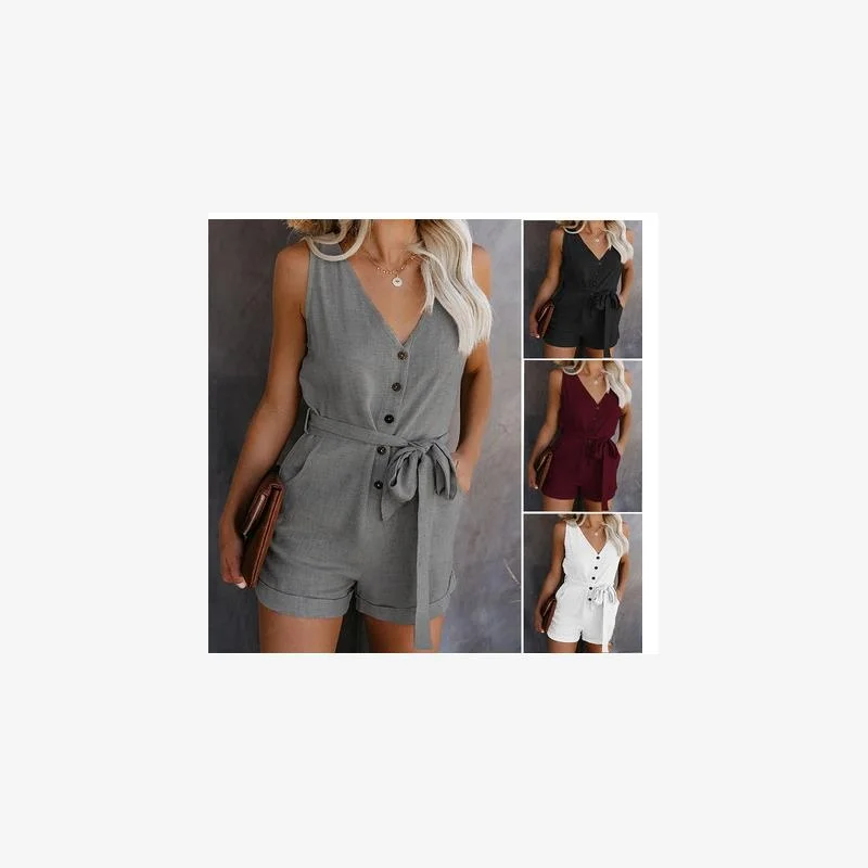 

Летний женский повседневный комбинезон с высокой талией, шорты-брюки с пуговицами, из полиэстера, в стиле кэжуал, модный, цельный.