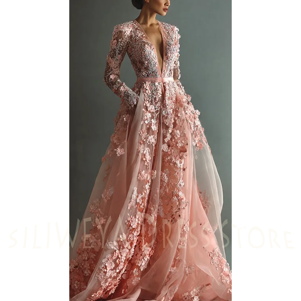 Elegant Blush Pink Evening Dress 3D Floral Appliques Deep V Neck Long Sleeves Tulle Formal Wedding Guest Luxury Gown for Gala
