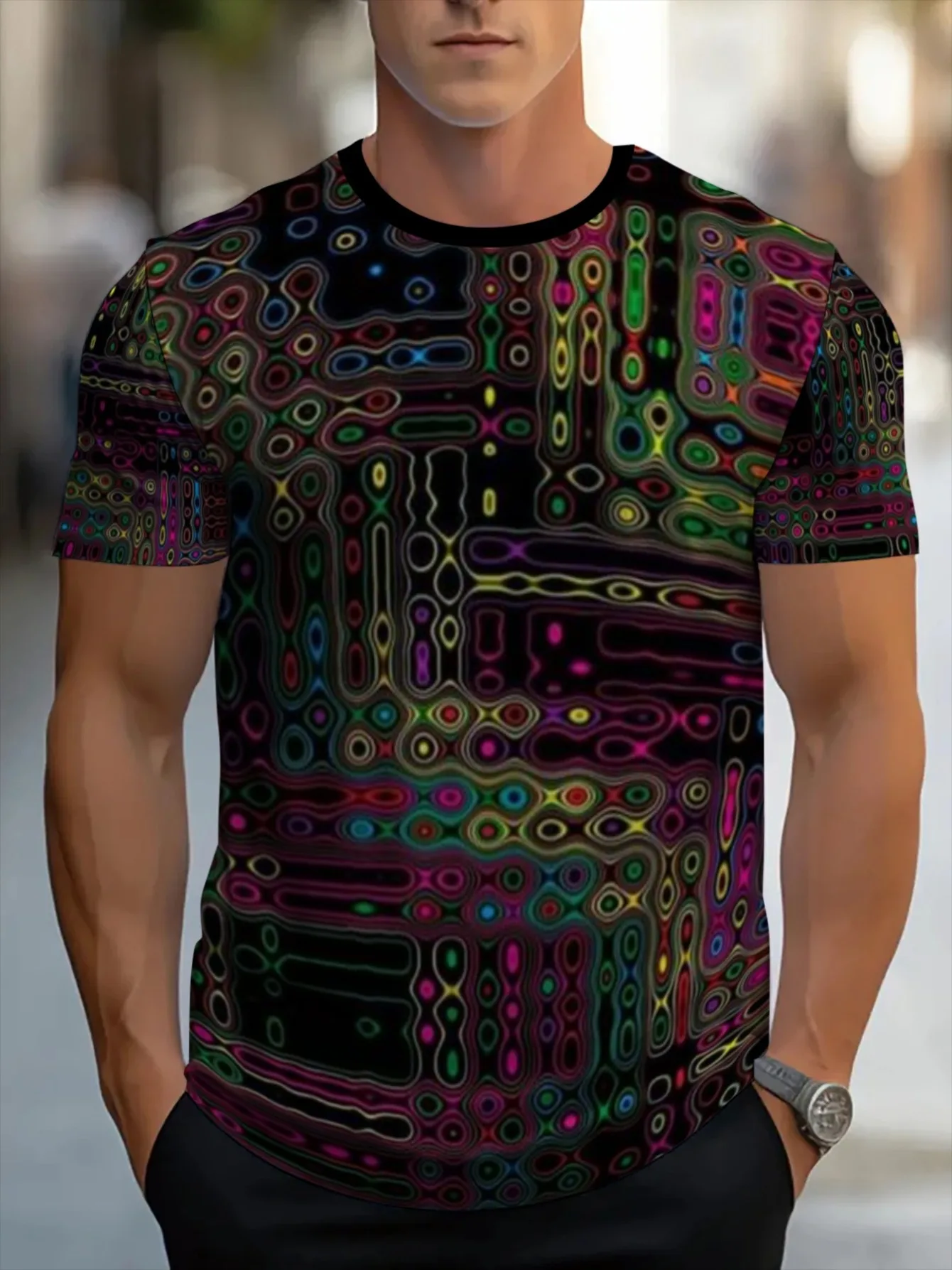 Men Black Base Colorful Swirl Geometric Psychedelic 3D Print Crew Neck T Shirt Summer Short Sleeve Casual Tee