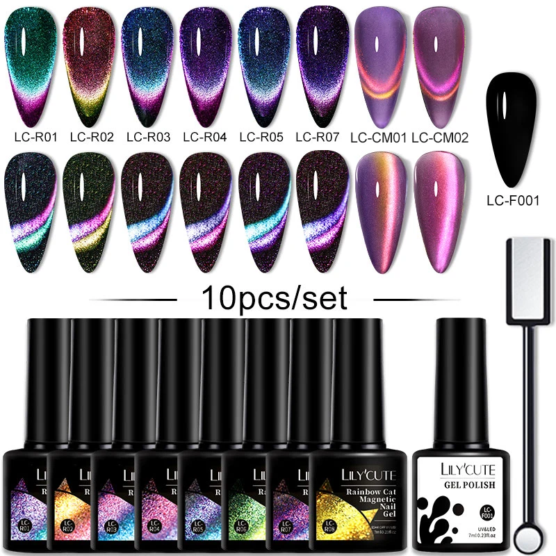 LILYCUTE 10PCS/SET Gel Nail Polish 9D Reflective Glitter Cat Magnetic Gel Set With Magnetic Stick Soak Off Nail Art Varnish