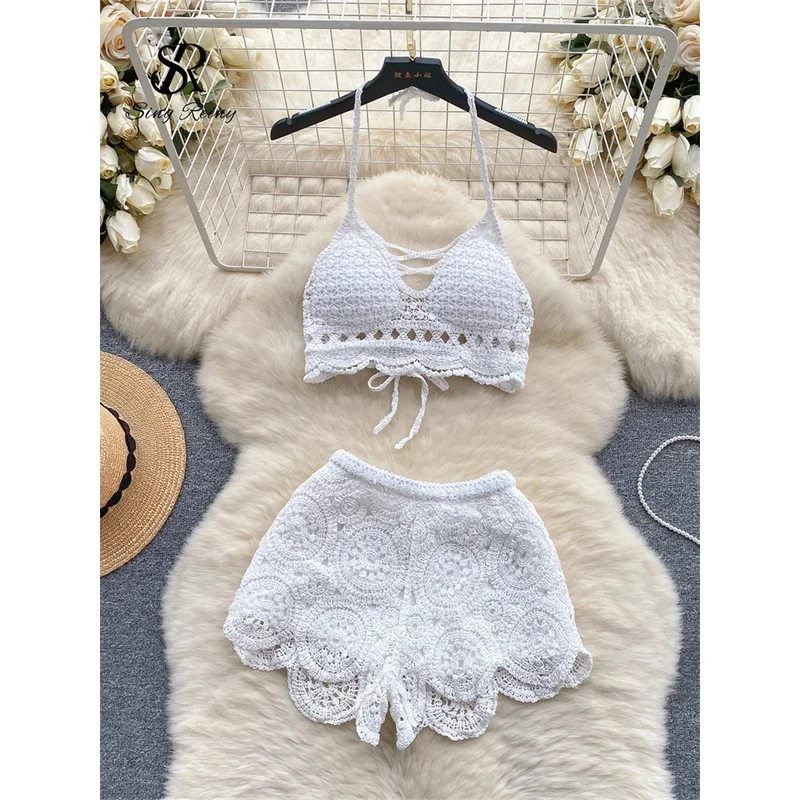ZIXIN Beachwear Knitted Suit Backless Sexy Camis+Hooked Hollow Wide Legs Shorts 2024 Y2k Vacation Women Summer Two Piece Set
