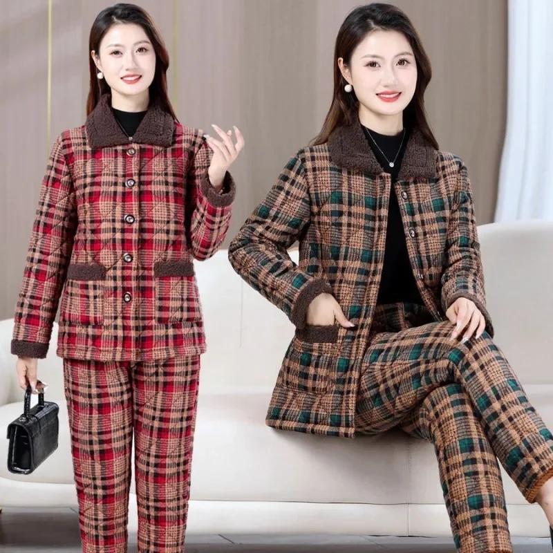 Winter  Plus Fleece Cotton-padded Trouser Suit Middle-aged Elderly Women\'s Loose Thick Warm Cotton-padded Suit Pajama Sets