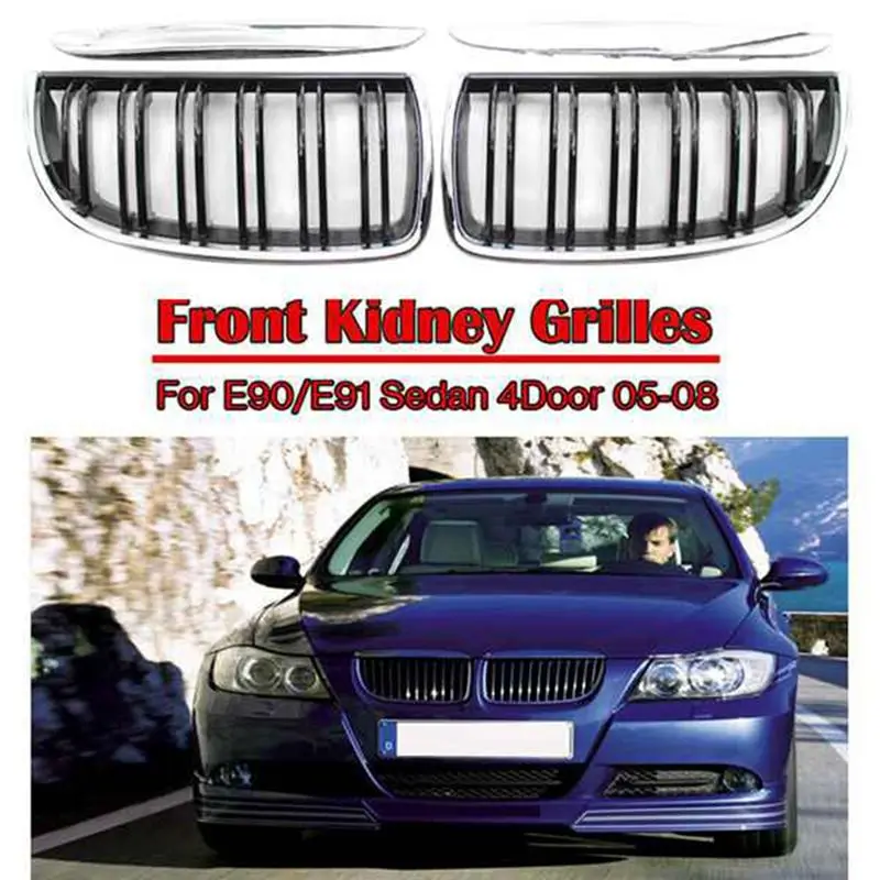 #91H (Silver & Black)Chrome Double Line Front Hood Kidney Grill for BMW E90 E91 2005-2008,Automotive Parts & Accessories
