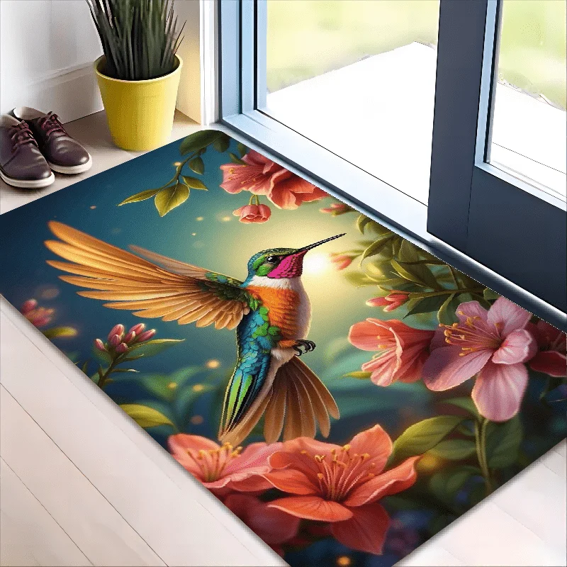 VIKAMA Entryway Rug Vivid Hummingbird Tropical Flower Garden Glowing Light Art Pattern Anti-Slip Washable Indoor Carpet