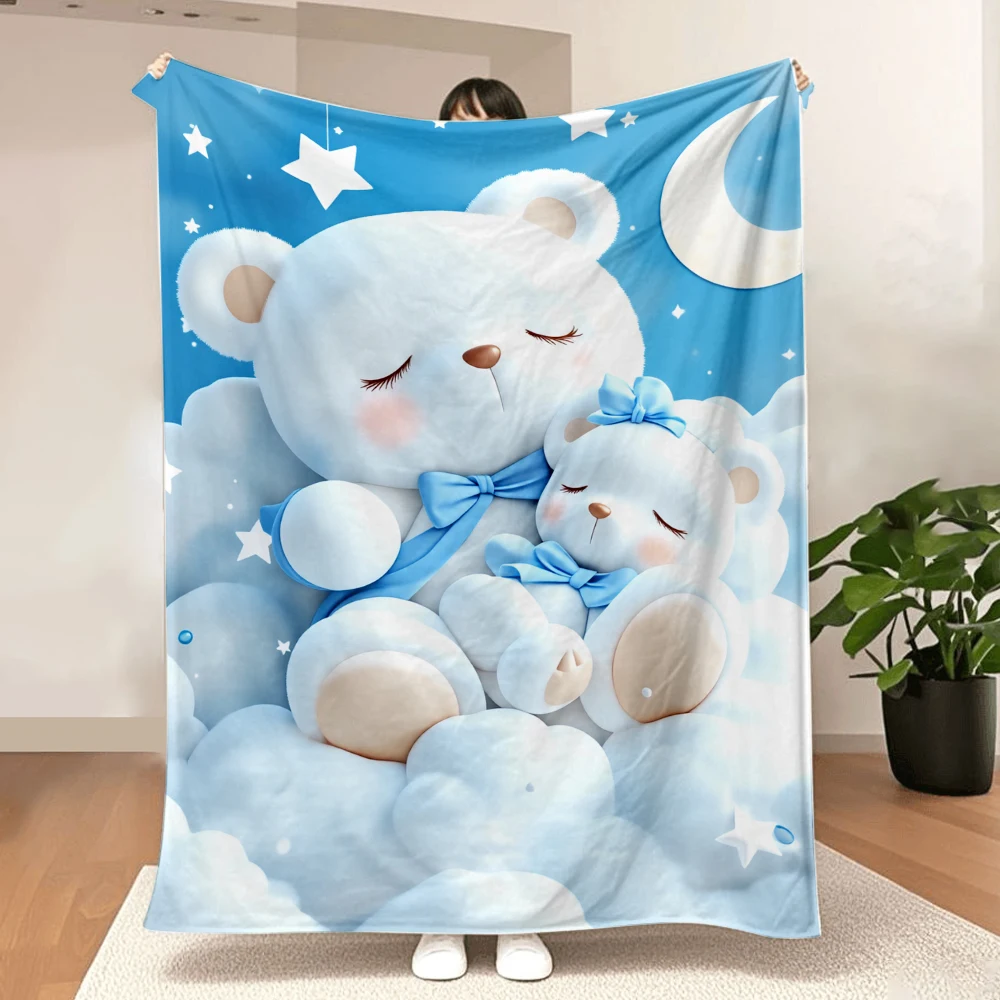 1PC Cartoon Teddy Bear Sleeping Blanket and Moon Print Blanket-Made of soft and comfortable flannel, perfect for bed or sofa. Id