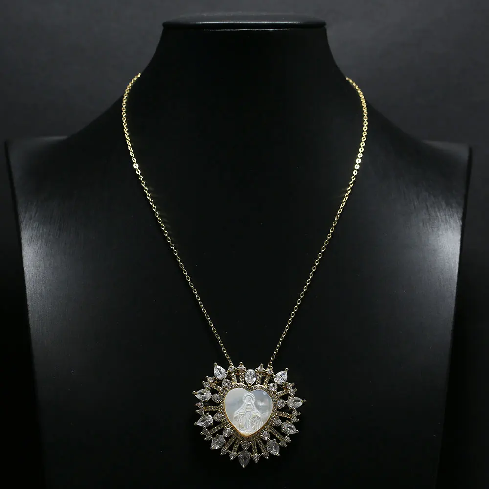 G-G White Shell MOP Cameo Virgin Mary CZ Micro Pave Heart Pendant Chain Necklace
