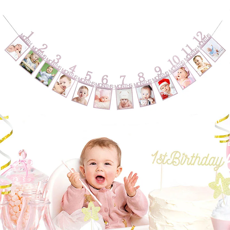 

Birthday Baby One Year 12 Months Photo Banner Baby Boy Girl 1 Year Birthday Party Decor Photo Garlands Baby First Birthday Party