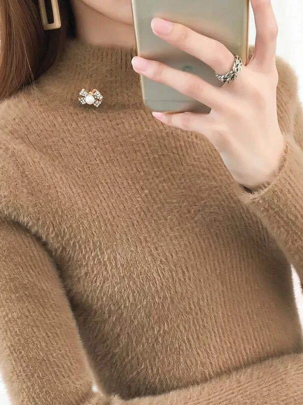 Waterproof Thickened Long Sleeve Knitted Sweater Women's Pullover Autumn Winter New Style Slim Fit Mink Short Half High Collar