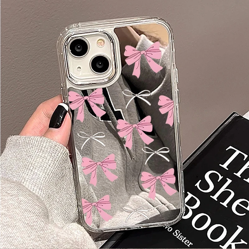 Cute Pink Black Bow Pattern Mirror Phone Case for iPhone 17 16 Pro Max 15 14 Plus 11 12 13 Pro Max 16E Shockproof Clear Cover - view 6