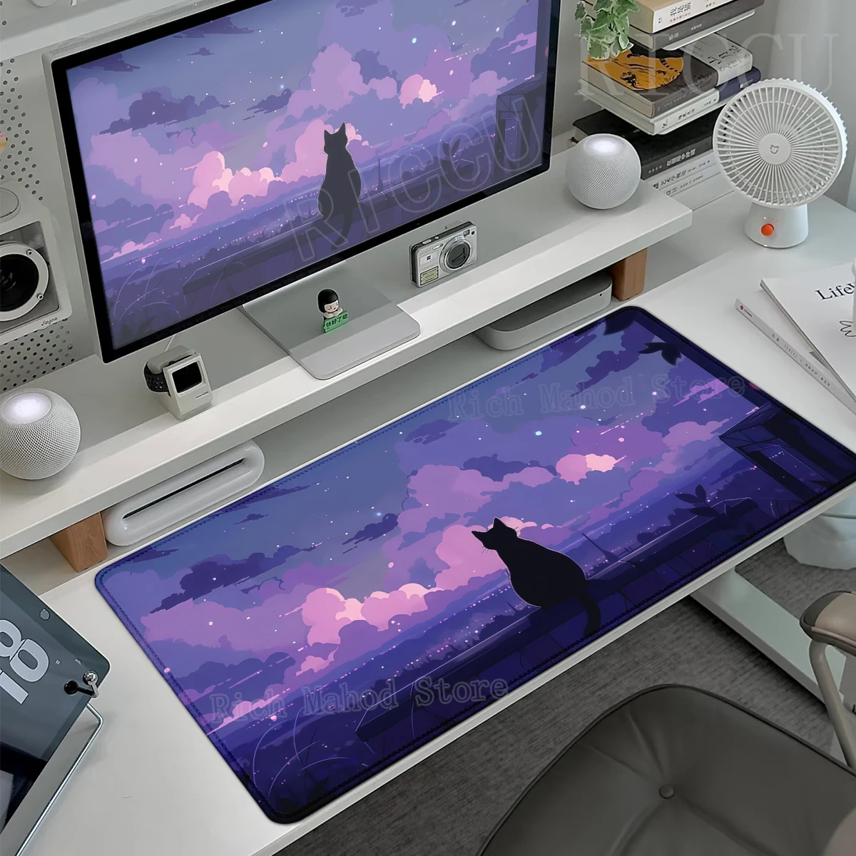 

Clouds Black Cat Mouse Pad Gaming Keyboard Rug Laptop Kawaii Anime Gamer PC Cabint Mousepad XXL HD Desk Mat Desk Decort Tablemat