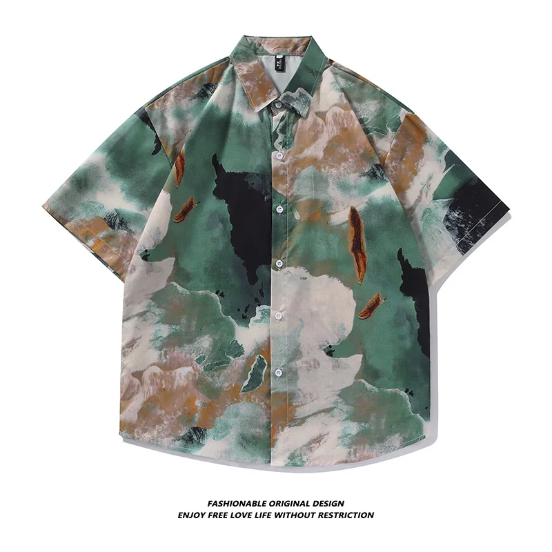 

Hawaii irt Men's ort Sve Ice Silk Floral Patterned Busin Travel Casual Wear Stand Fit Youthful Sle Four Seasons