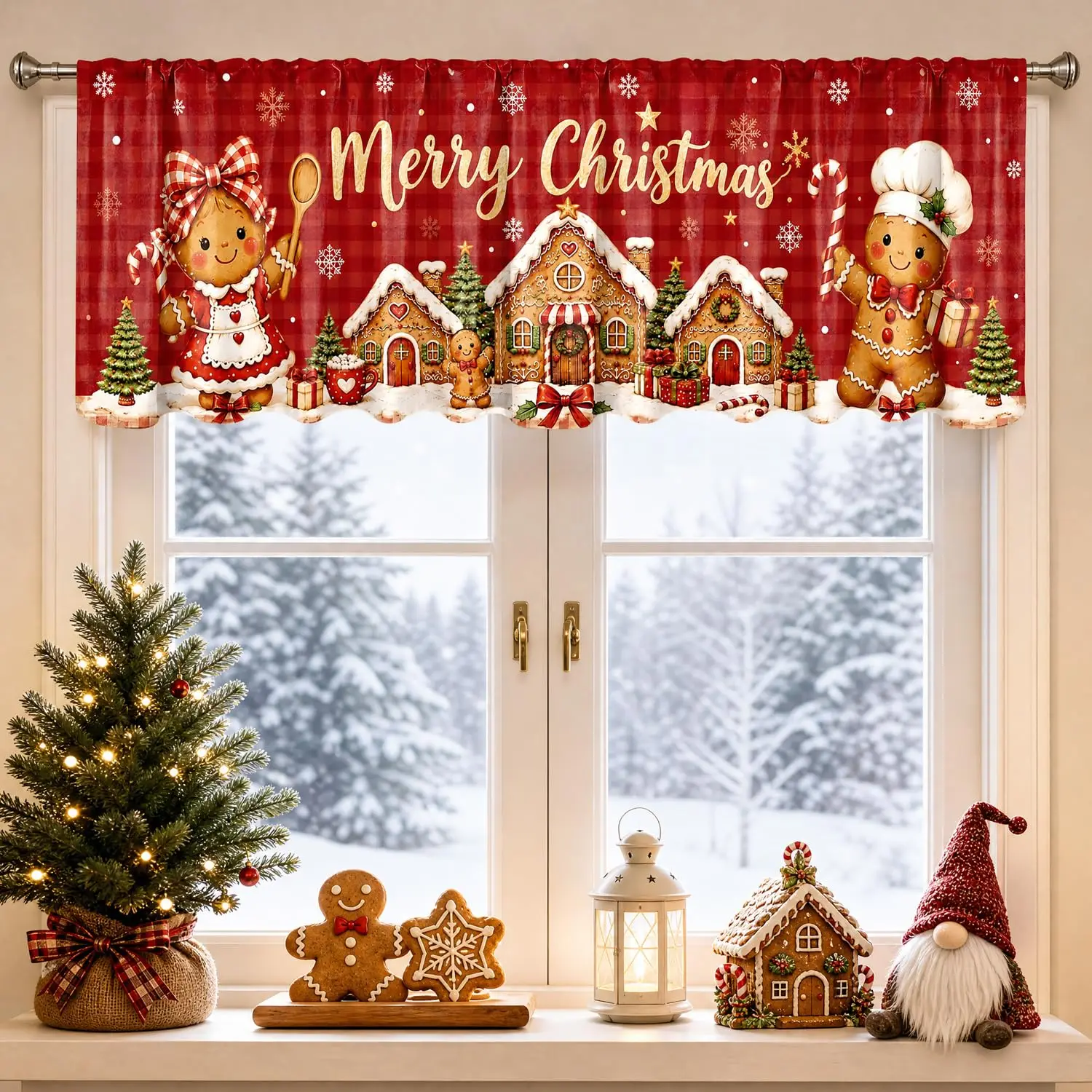 Gingerbread Christmas Valances Red Gingham Curtain Topper Kitchen Window Home Holiday Decor