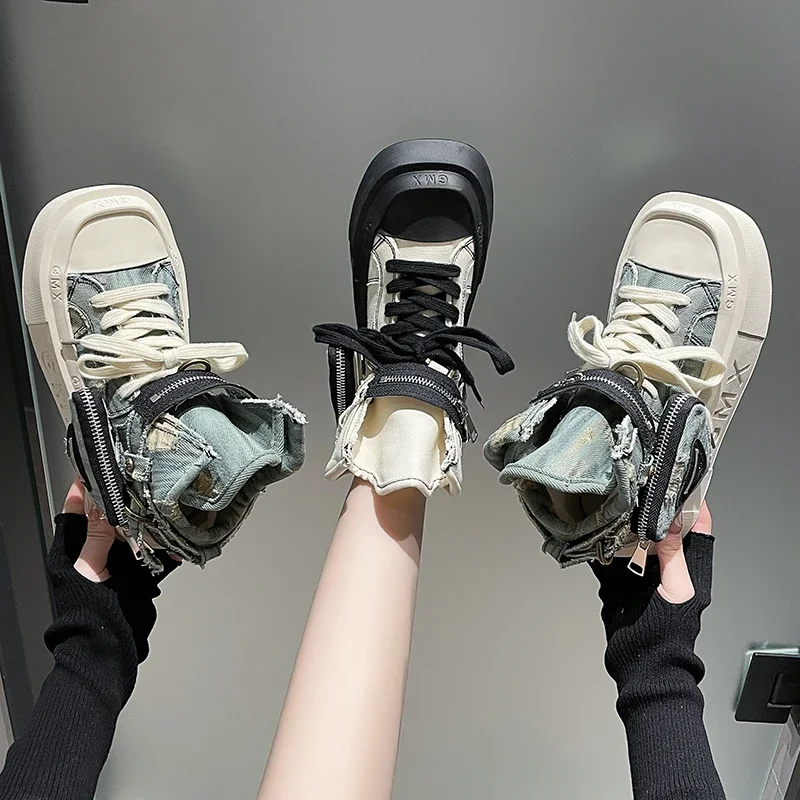 Botines de tela vaquera para mujer, zapatos de plataforma cortos, estilo gótico, Punk, 2024