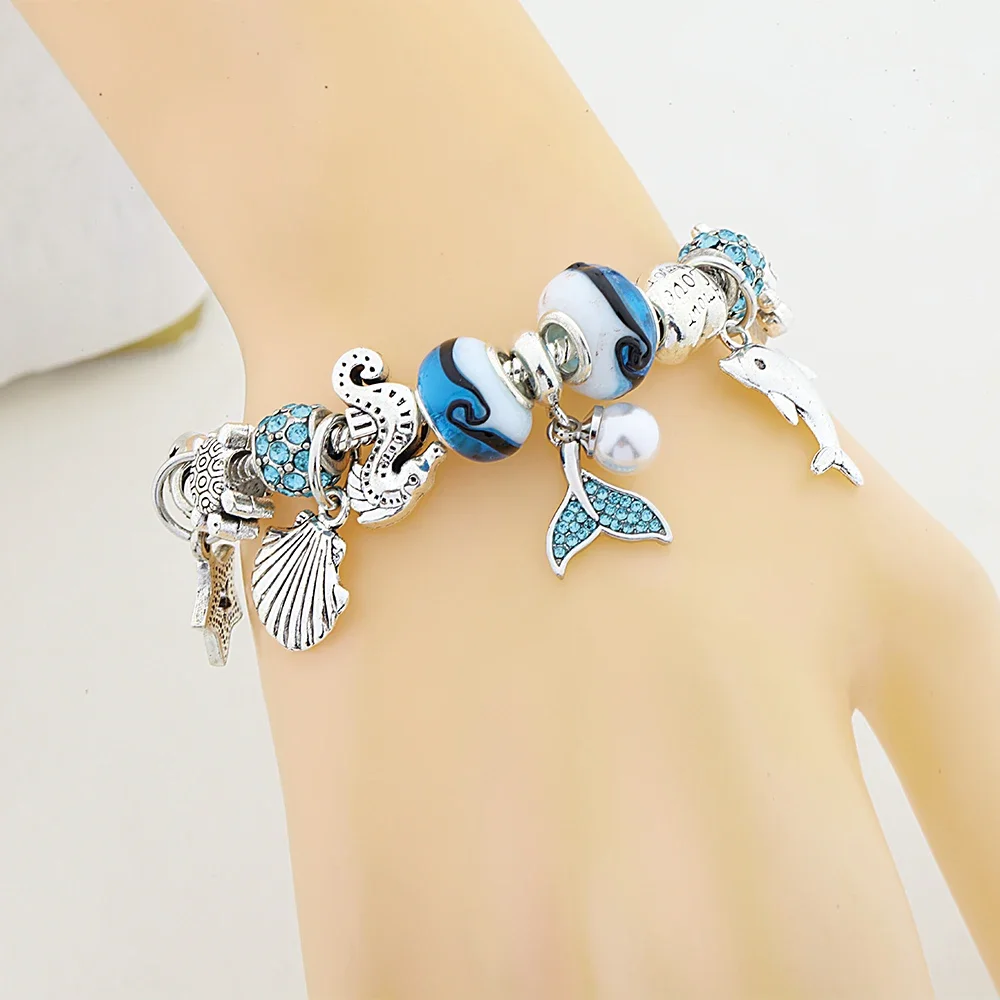 Dropshipping Trendy Mermaid Star Shell Dolphin Pendant Charm Bracelet Silver Color Heart Seahorse Turtle DIY Beaded Jewelry Gift