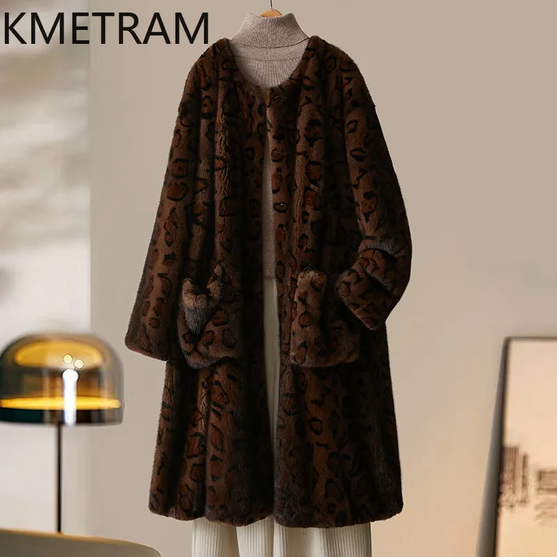 KMETRAM 100% Whole Mink Fur Jacket Woman Coffee Leopard Printed Long Real Mink Fur Coat Winter Clothes for Women 2026 Fourrure