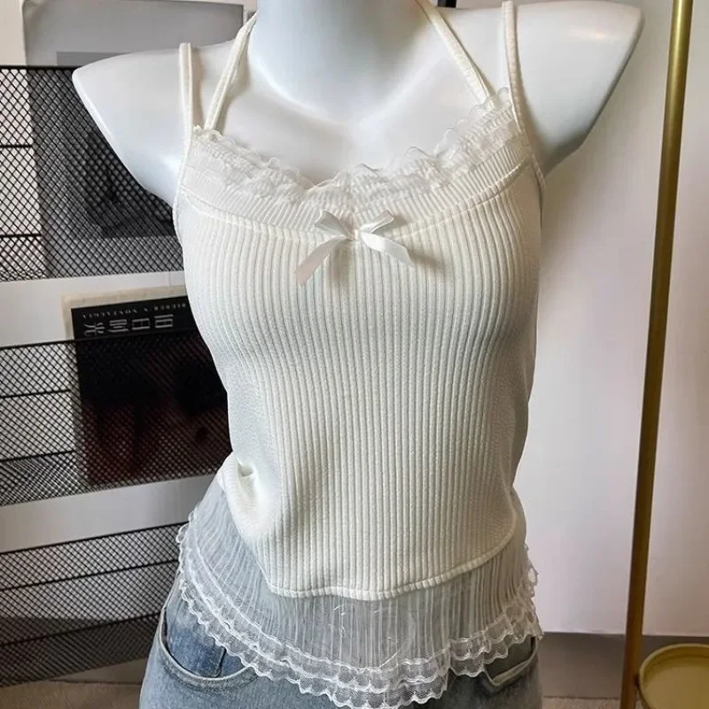 Camiseta sin mangas con lazo de encaje blanco para mujer, corsé con tirantes Halter, camisa básica de malla sin mangas para mujer, tendencia de estilo coreano 2024