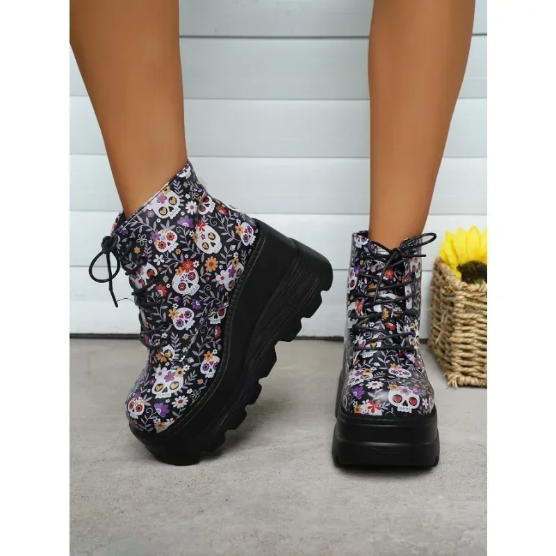 

Pop Winter 2024 New Women's Gothic Platform Ankle Boots Fashion Wedge Lace Up High Heels Women's Boots Street Fashion Women's Sh