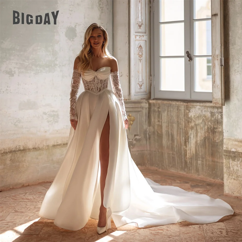

BIGDAY Lace Strapless A-Line Wedding Dress Long Sleeve Open Back Pleat Side Slit Beading Bridal Gown Vestido De Noiva Customized