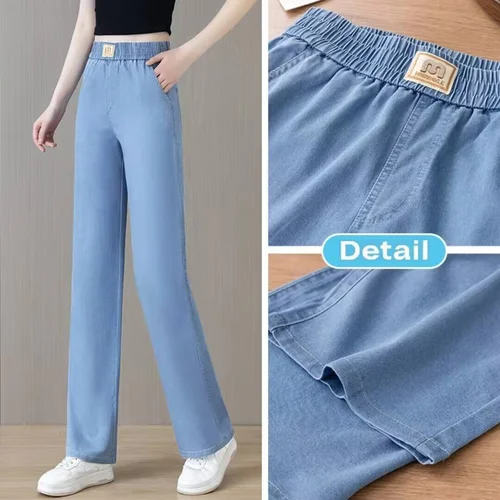 Pantalones vaqueros Tencel rectos de pierna ancha para mujer, pantalones sueltos de cintura alta de verano, pantalones casuales palazzo elásticos ligeros adelgazantes