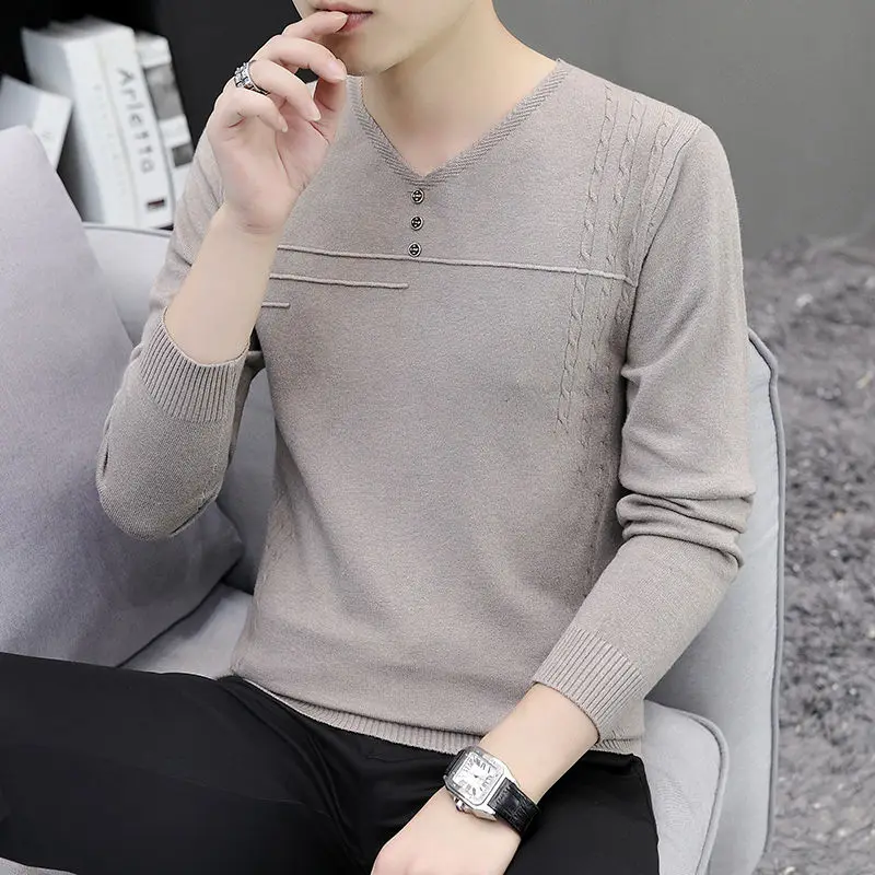 Men's Cotton Knitted Sweater Bottoming Shirt 2024 New Mens V Neck Brand Fashion Casual  Vintage Flame  Z75