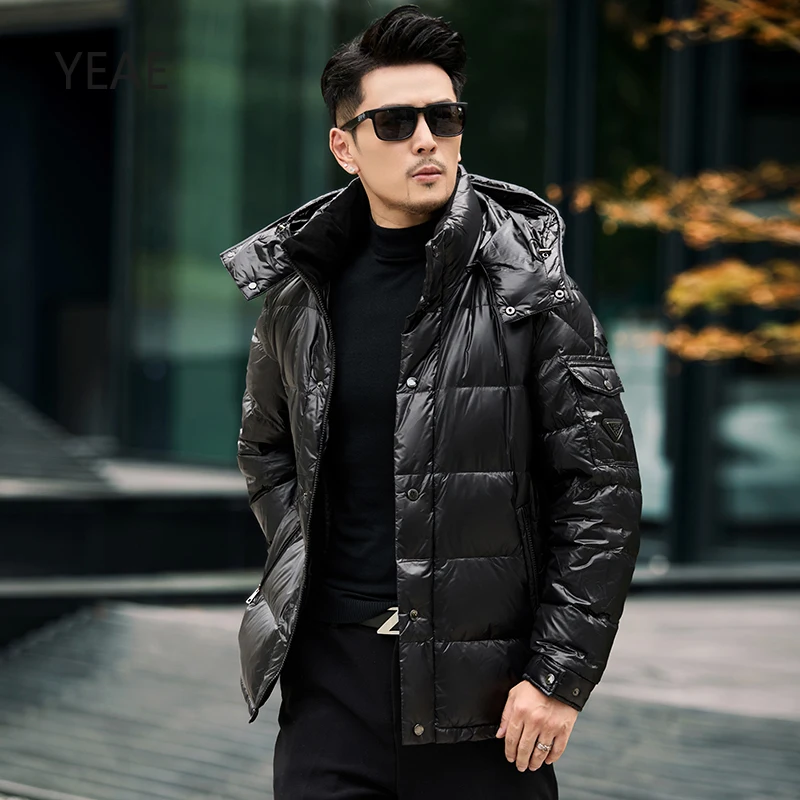 YEAE-Chaqueta de plumón corto con capucha brillante para hombre, ropa de diseñador con relleno de plumón de pato, chaquetas acolchadas ligeras,