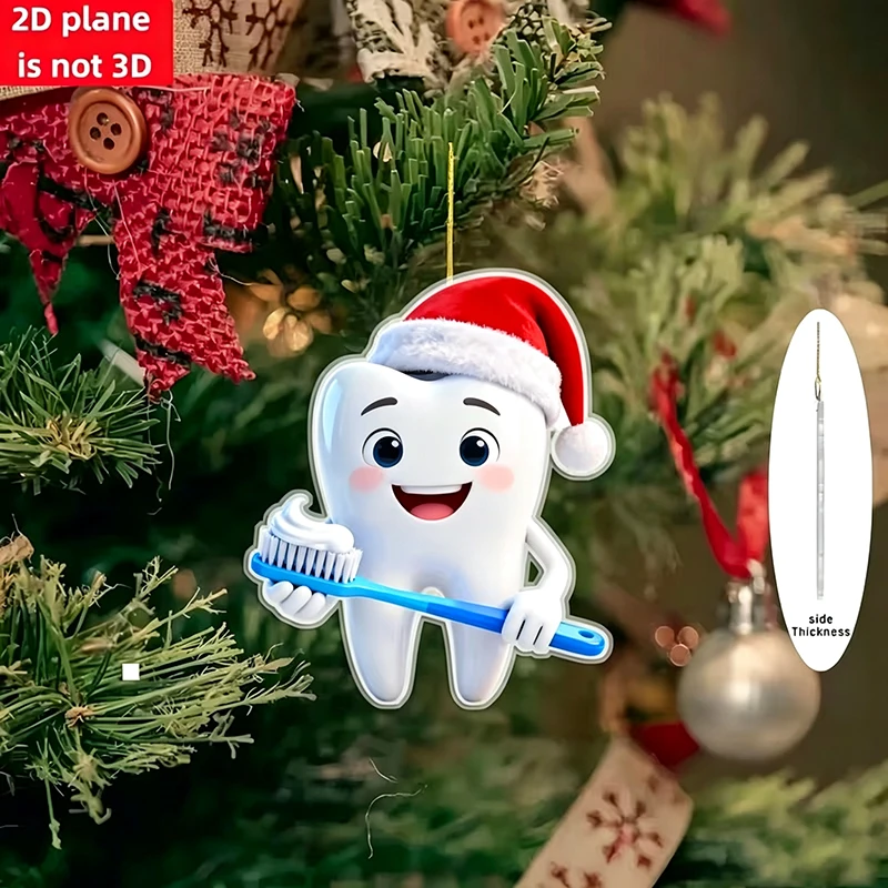 Cute Cartoon Tooth Drive Red Car Acrylic Christmas Ornament Flat 2D Xmas Tree Hanging Pendant Home Car Holiday Decor Gift