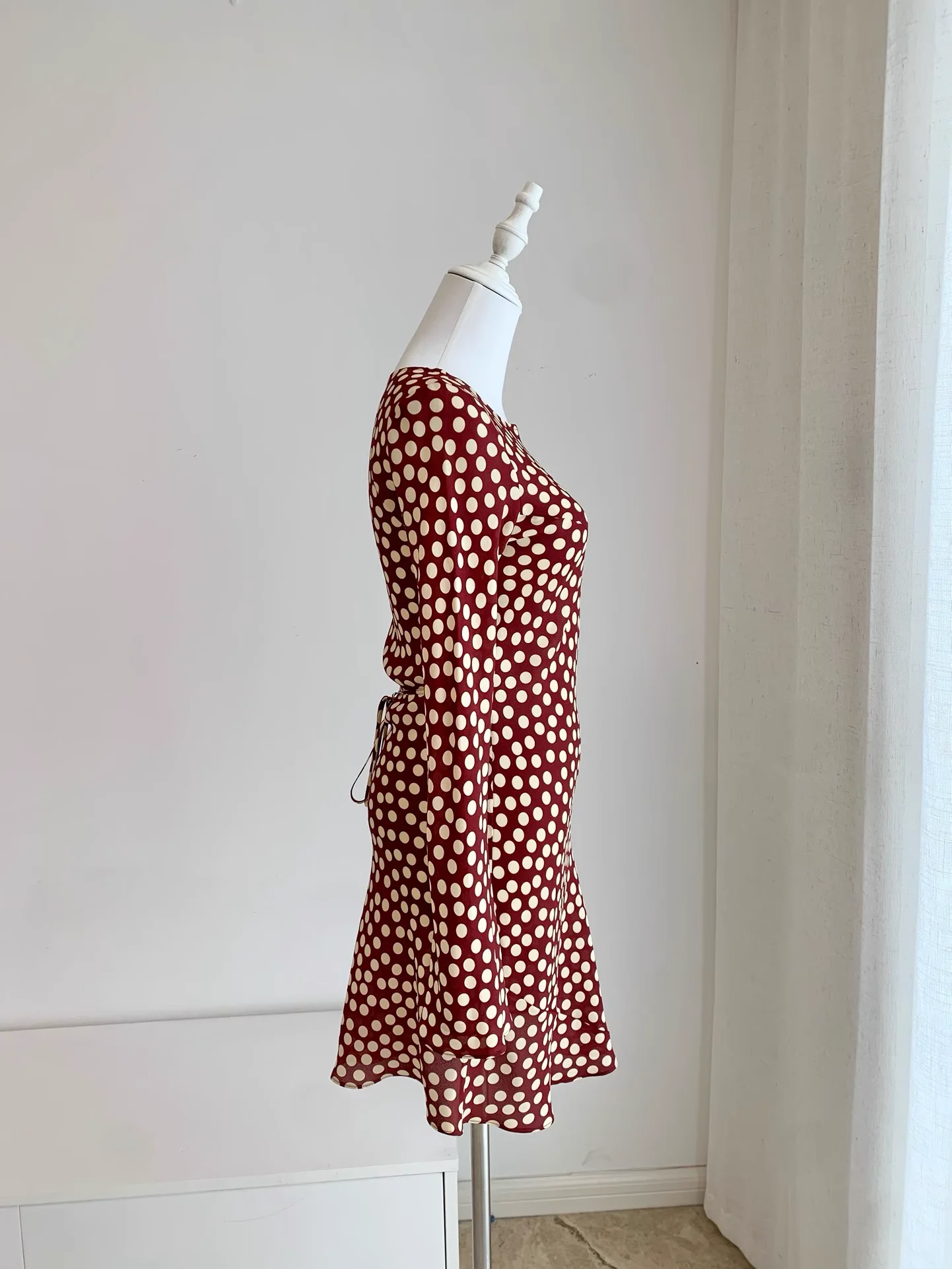 

100% Silk Women Retro Slim Dress Dot Print Flare Long Sleeve Round Neck Vintage Mini Robe