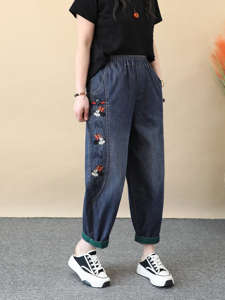 Splicing Cartoon Embroidered Jeans Women's Spring Loose Curled Ankle Length Harlan Pants Thin Versatile Summer Pants 2025 New