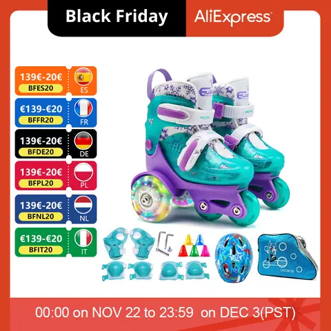 Flash Skating Shoes Kids Beginner Roller Skating Shoes Set Children Skates with Kneepad Elbow Pads Helmet Roadblock Backpack