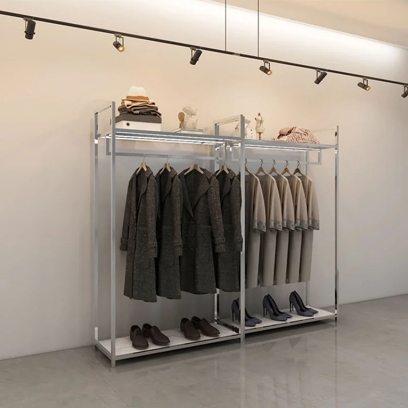 custom，Custom clothing store design window showcase boutique heavy duty clothes rack metal display clothing rack led lights