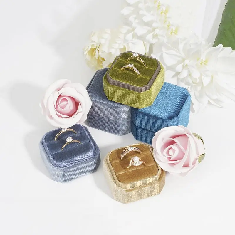 Luxury Velvet Octagon Double Ring Box Detachable Lid Soft Lined 2 Slots  Holder for Proposal Engagement Party