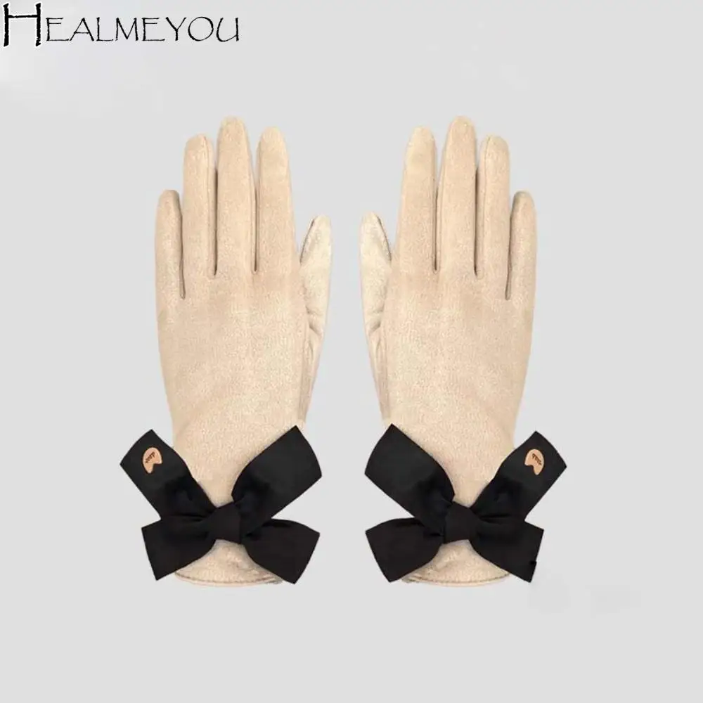 

Подарочные плюшевые перчатки с двумя пальцами, мягкие утолщенные замшевые перчатки с сенсорным экраном, полиэстеровые ветрозащитные варежки с бантом на пальцах, уличные