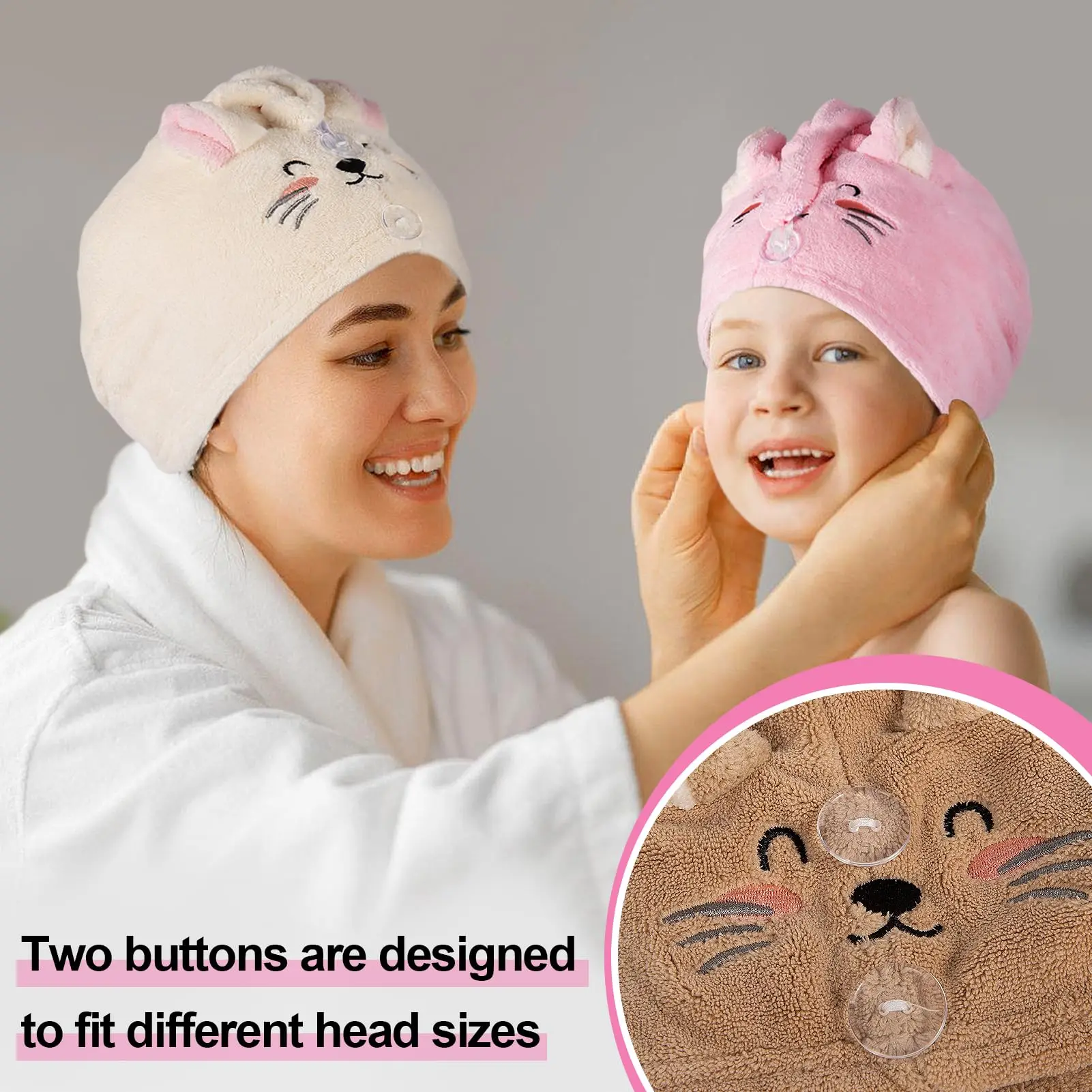 Microfiber Hair Towel for Kids Soft Super Absorbent Rapid Drying Hair Towel Wrap Turban for Girls Women with 2 Buttons Anti-Friz