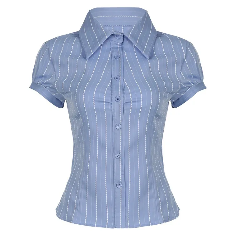 American Striped Print Single Breasted Blouses 2024 Sumemr New Lapel Neck Shirts Women Y2k Slim Fit Short Sleeve Blusas Mujer