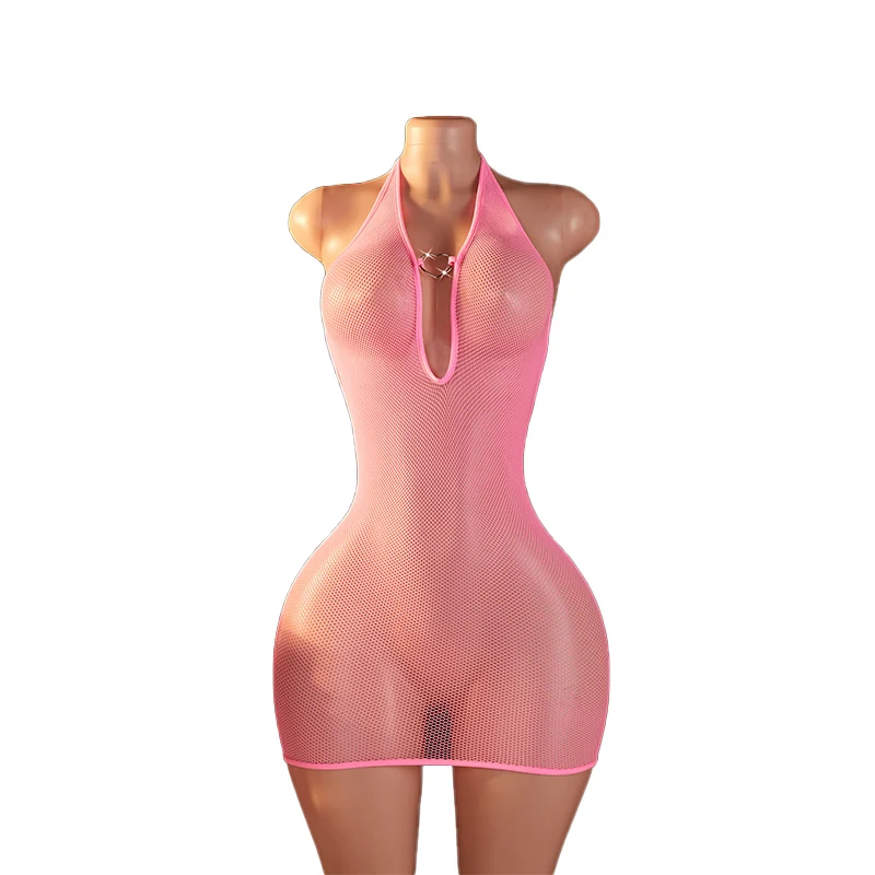 

Sexy Lingerie Deep V Hanging Neck Backless See Through Sexy Women's Pink Mesh Snug Dress Exotic Hollow Bodysuit Erotic Costumes